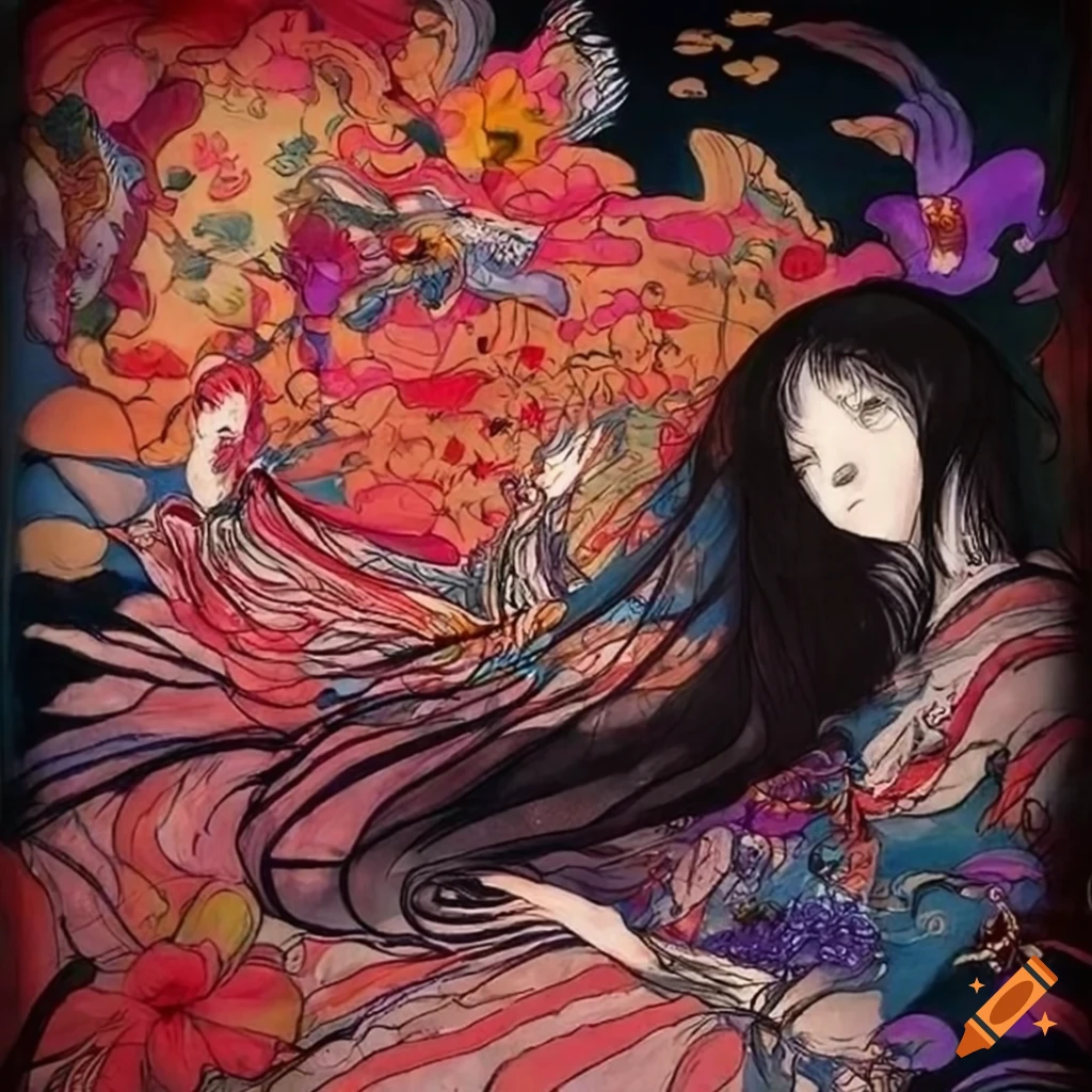 Woman surrounded by vibrant orchids in the style of Yoshitaka Amano on ...