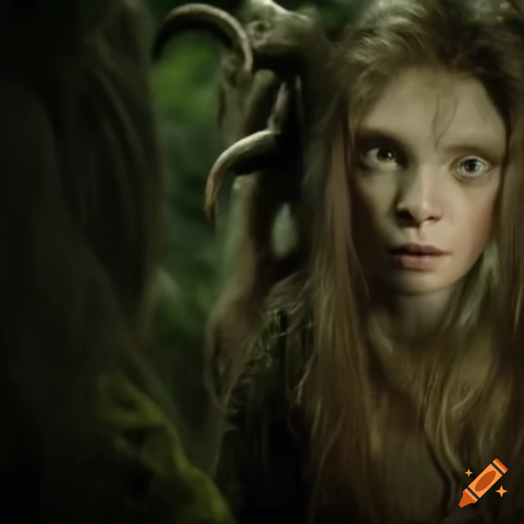 Ofelia talking with faun in dark forest in Pan's Labyrinth movie still
