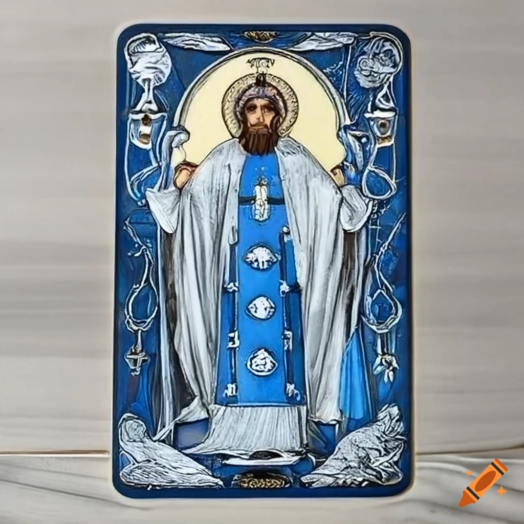 The Hierophant tarot card in blue, white, and silver colors