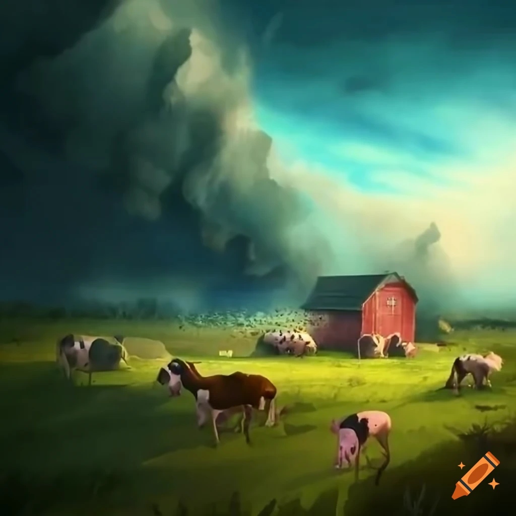 Storm-ravaged farm with various animals in a panoramic view