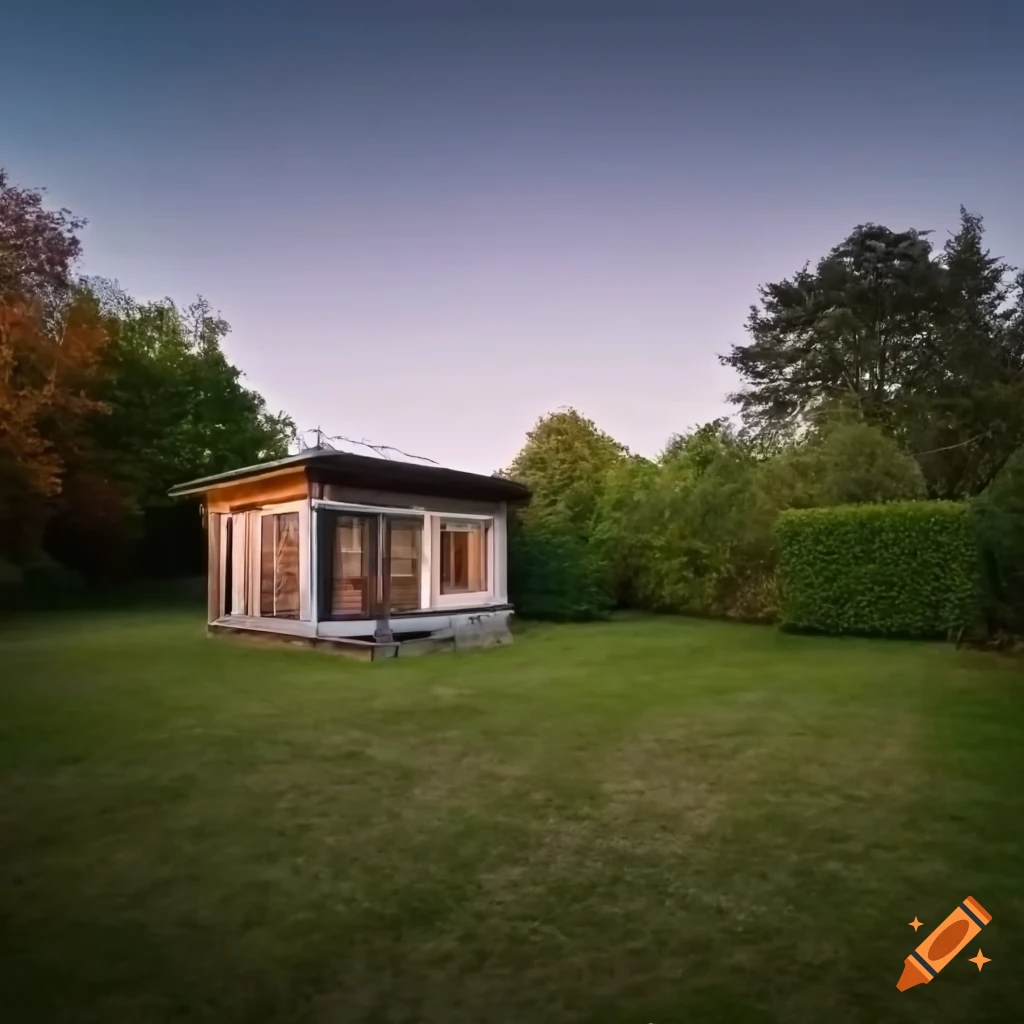 Summer house with sofa bed and television in the evening garden