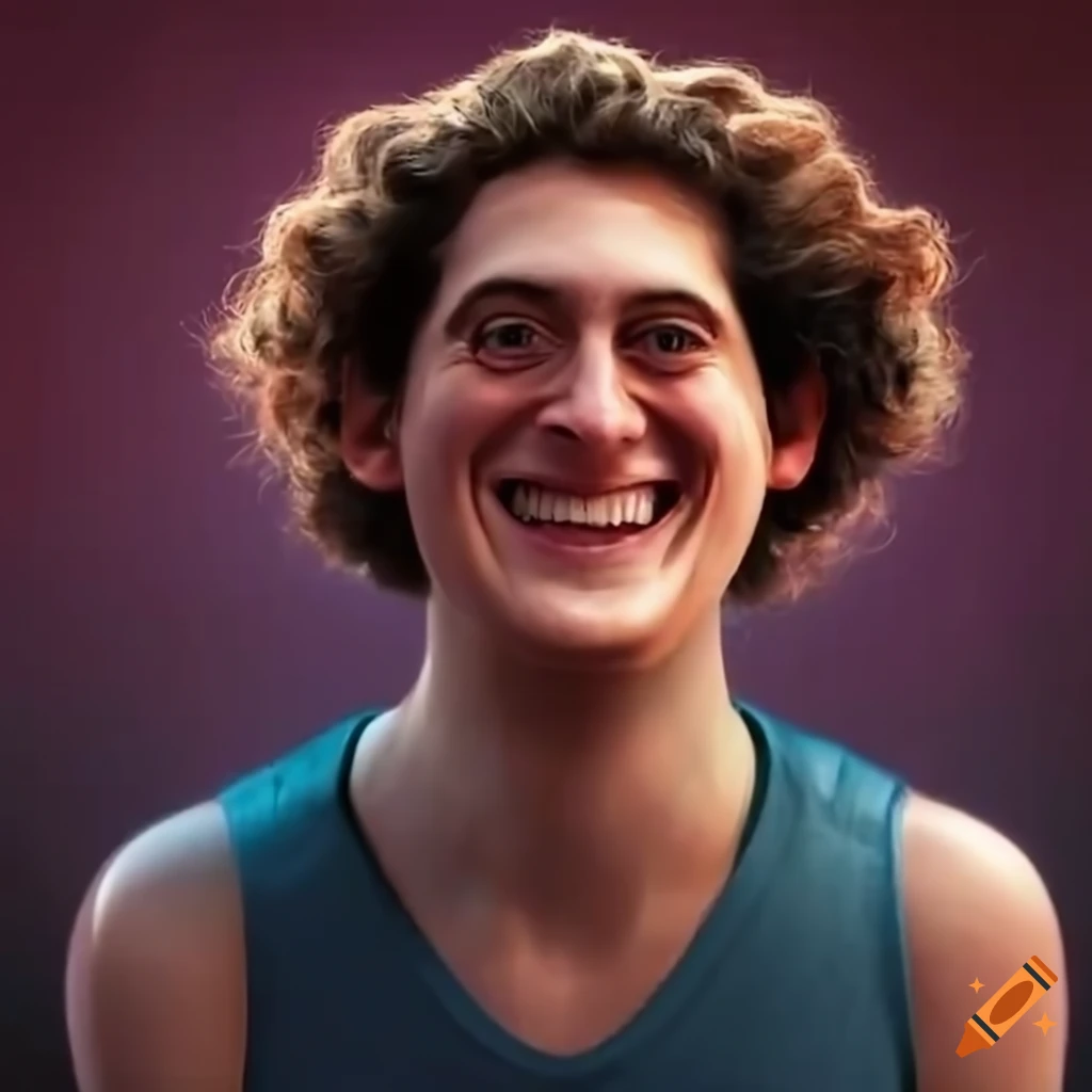 Sam bankman fried smiling in an intense video graphic on Craiyon