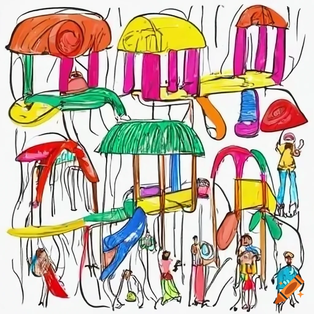 Kids having fun on playground in a crayon drawing
