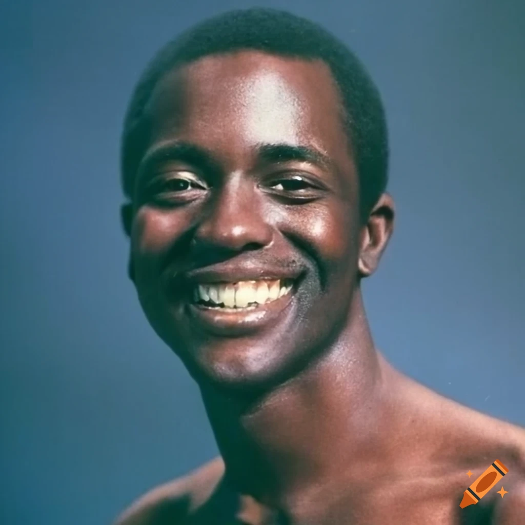 Smiling African-American man with folded arms in 1980s vintage style