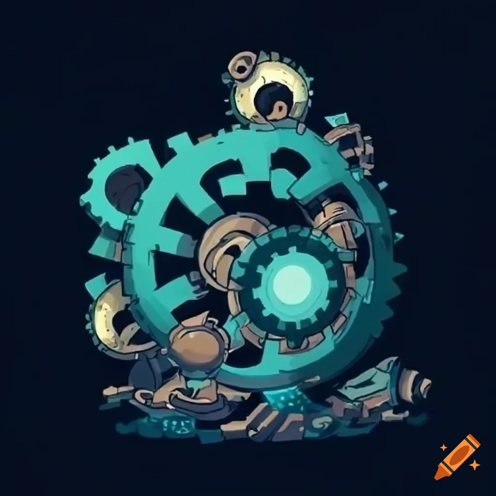 Cartoon style DnD scene with moving gears, glyphs, and lightning