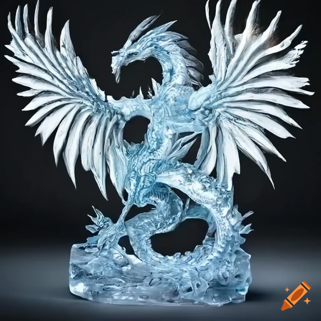 Intricately detailed dragon/phoenix ice sculpture in 3d art on Craiyon