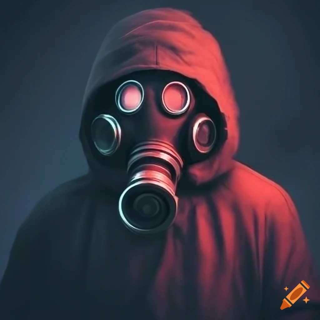 Man in gas mask in a foggy forest at night with glowing red eyes