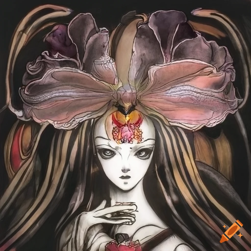 Sad woman transforming into an orchid in Amano Yoshitaka style on Craiyon