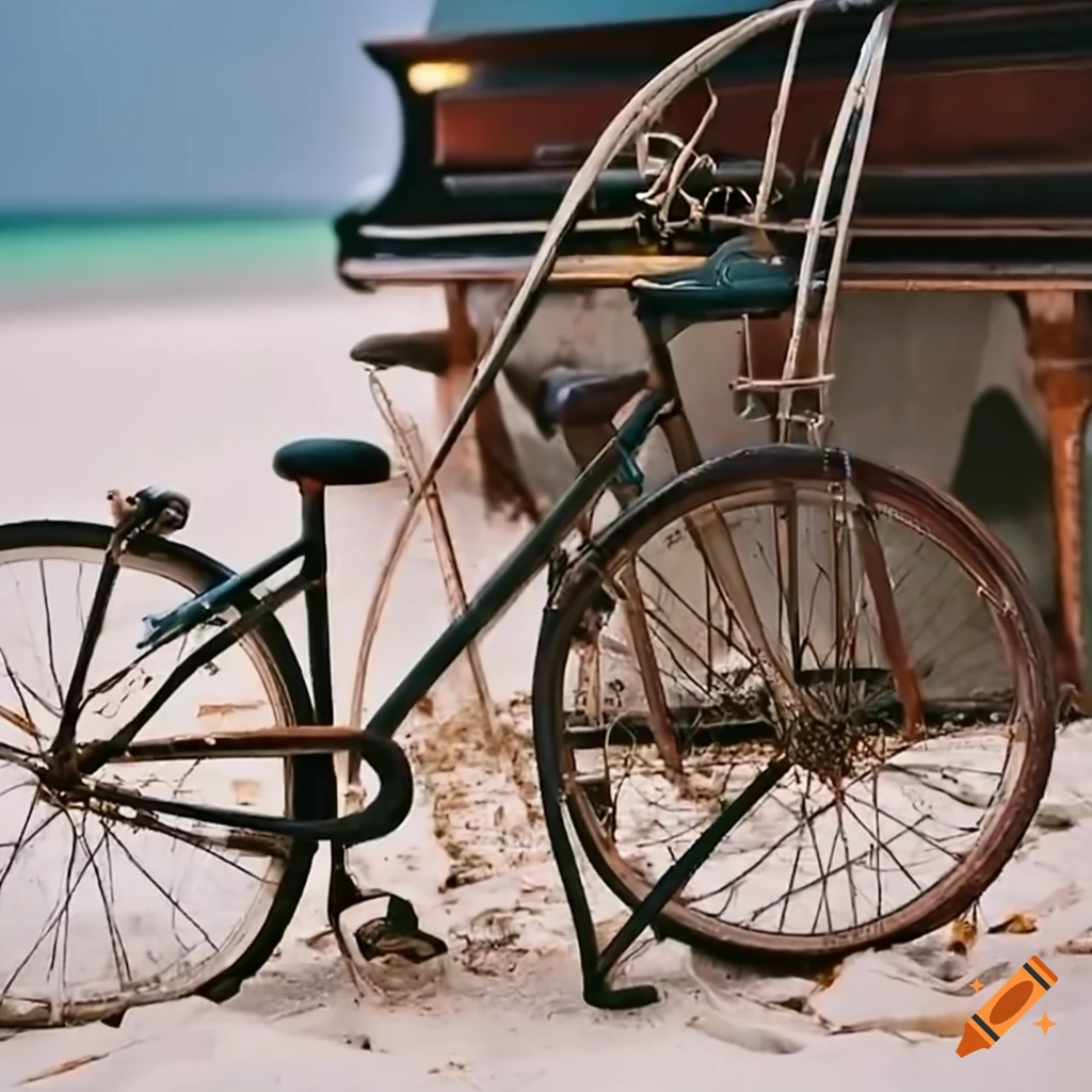 Two abandoned bicycles and an upright piano on a white sand beach