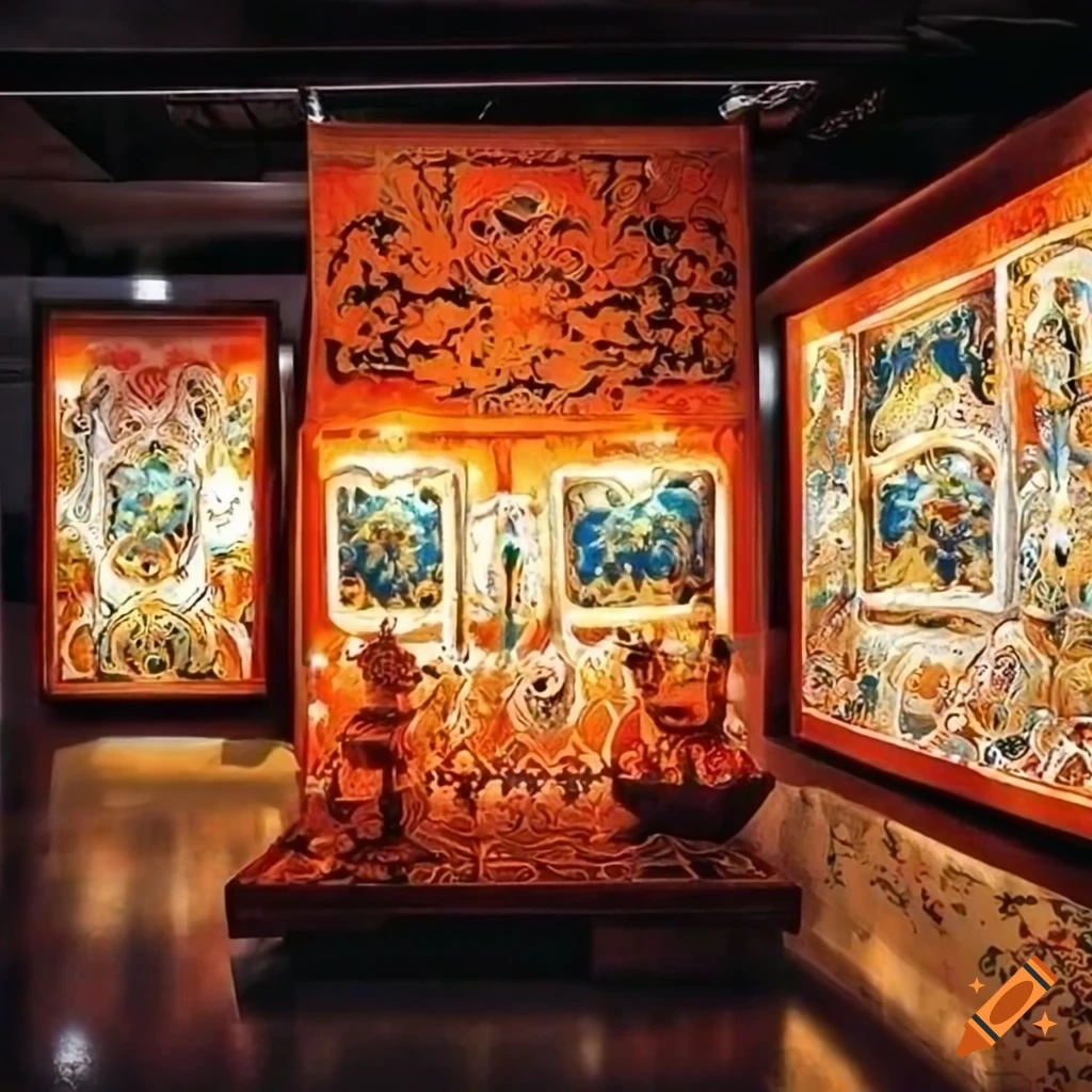 Exhibition booth showcasing traditional batik art with bidasari elements like goldfish