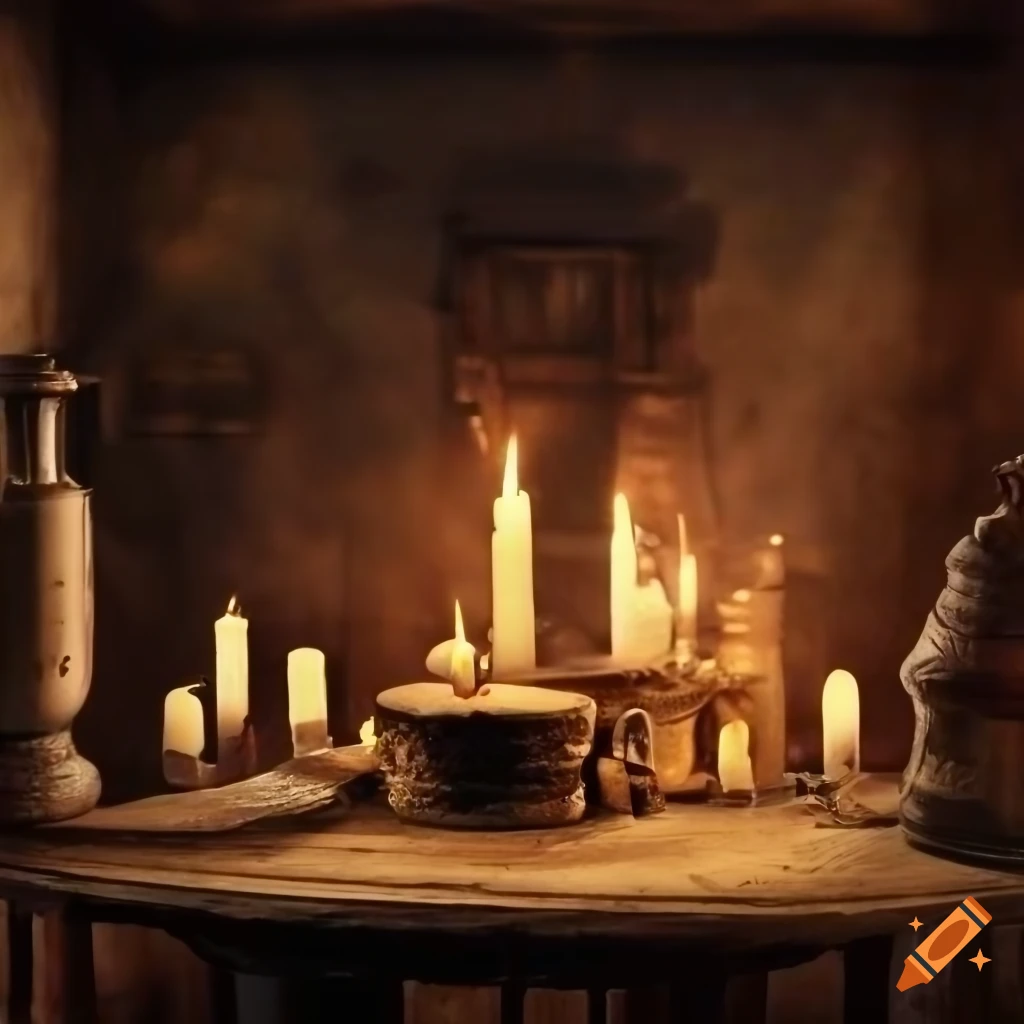 Dark Middle Ages alchemist's table with flasks and candles