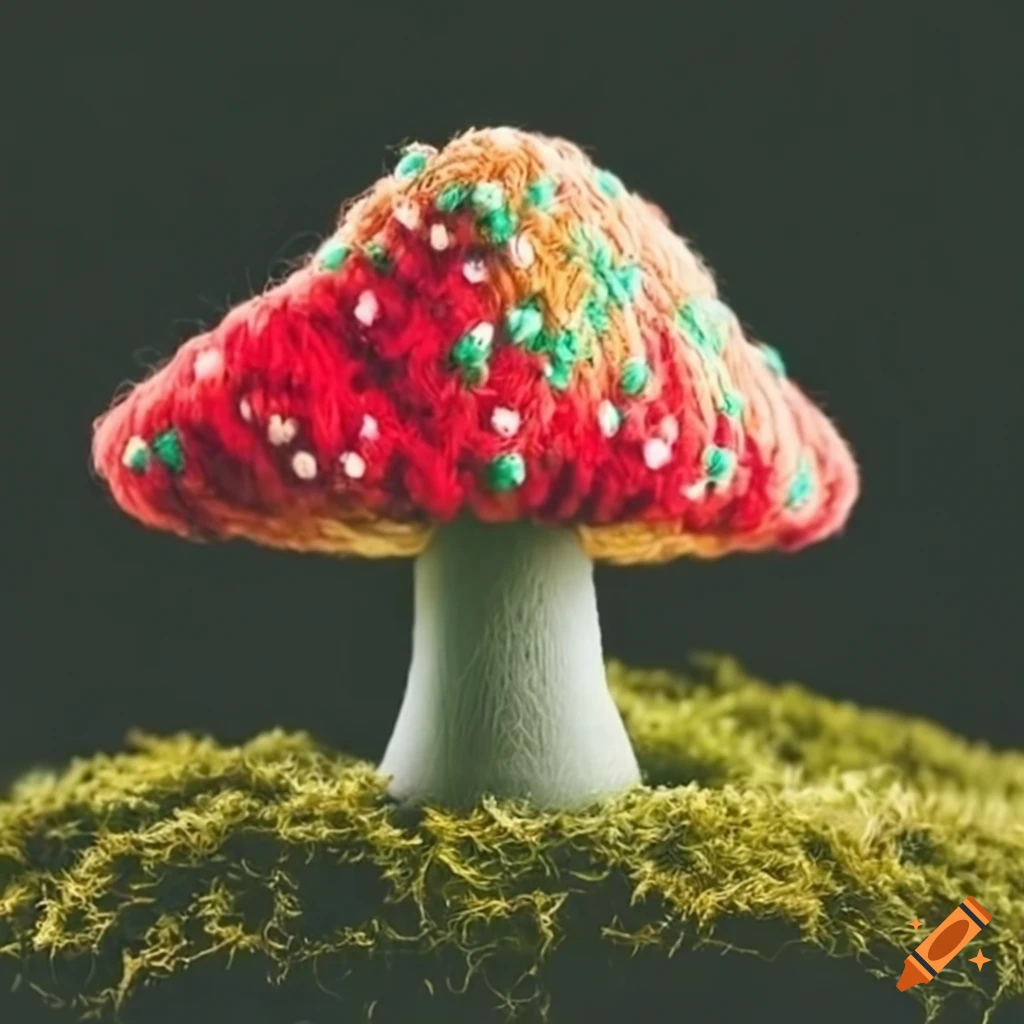 Colorful yarn mushrooms growing on moss on Craiyon
