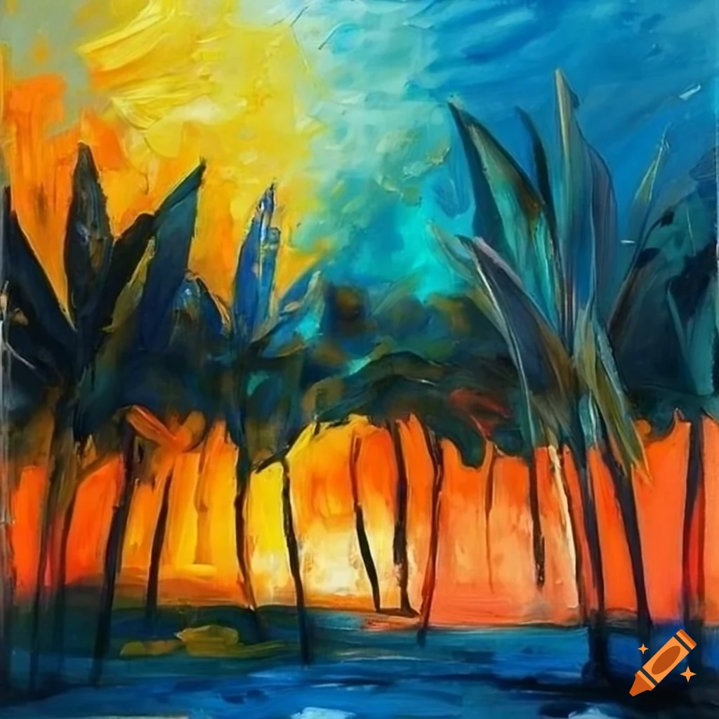 Tropical landscape in a vintage abstract oil painting style on Craiyon