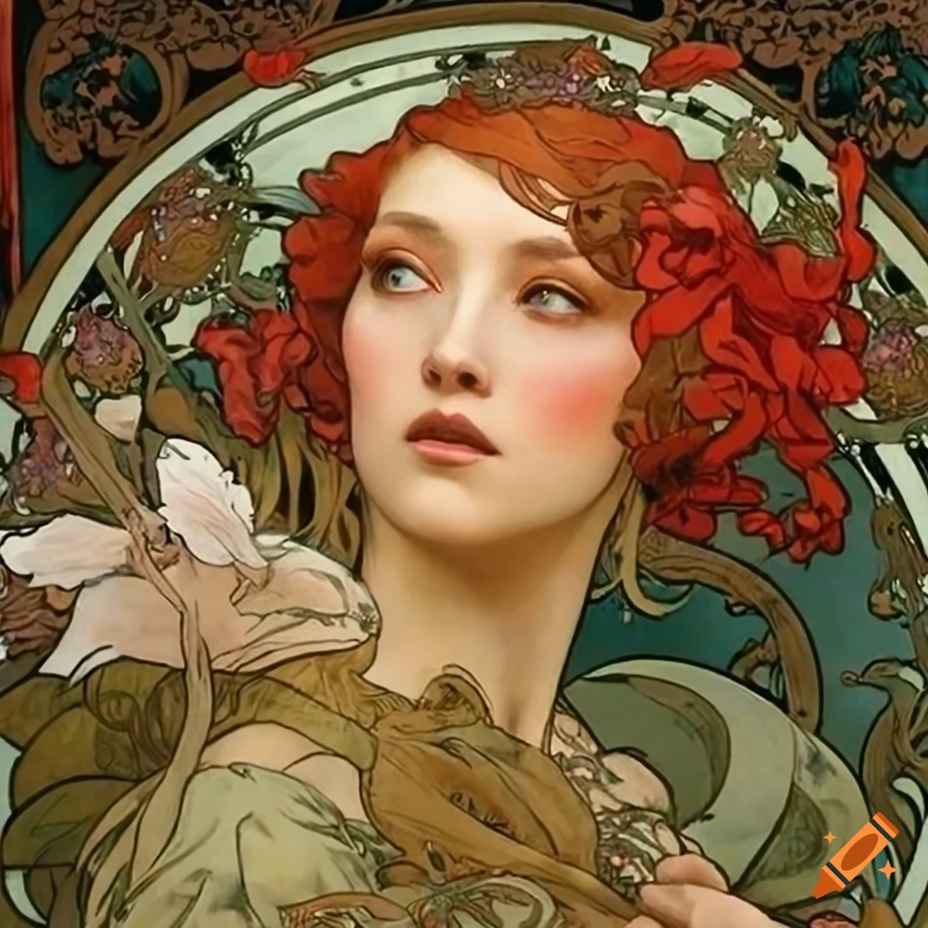 Art pieces by alphonse mucha, james gurney, and femke hiemstra featuring flowers, fantasy, and