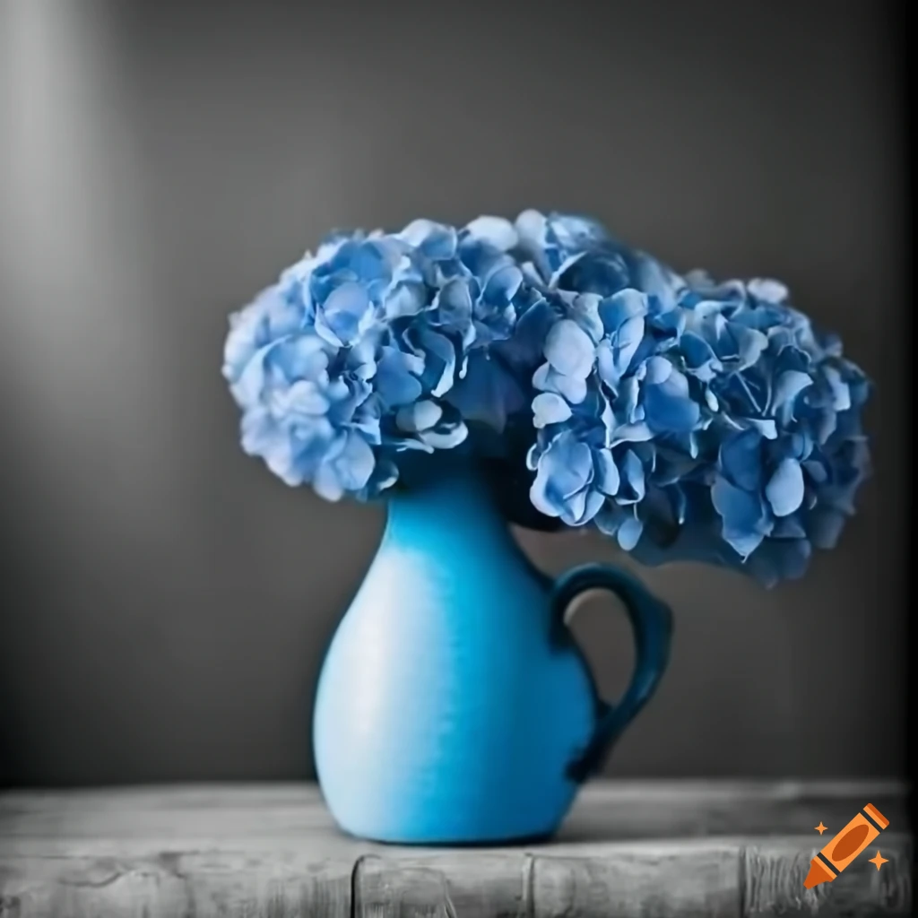 Blue vase with hydrangea flowers