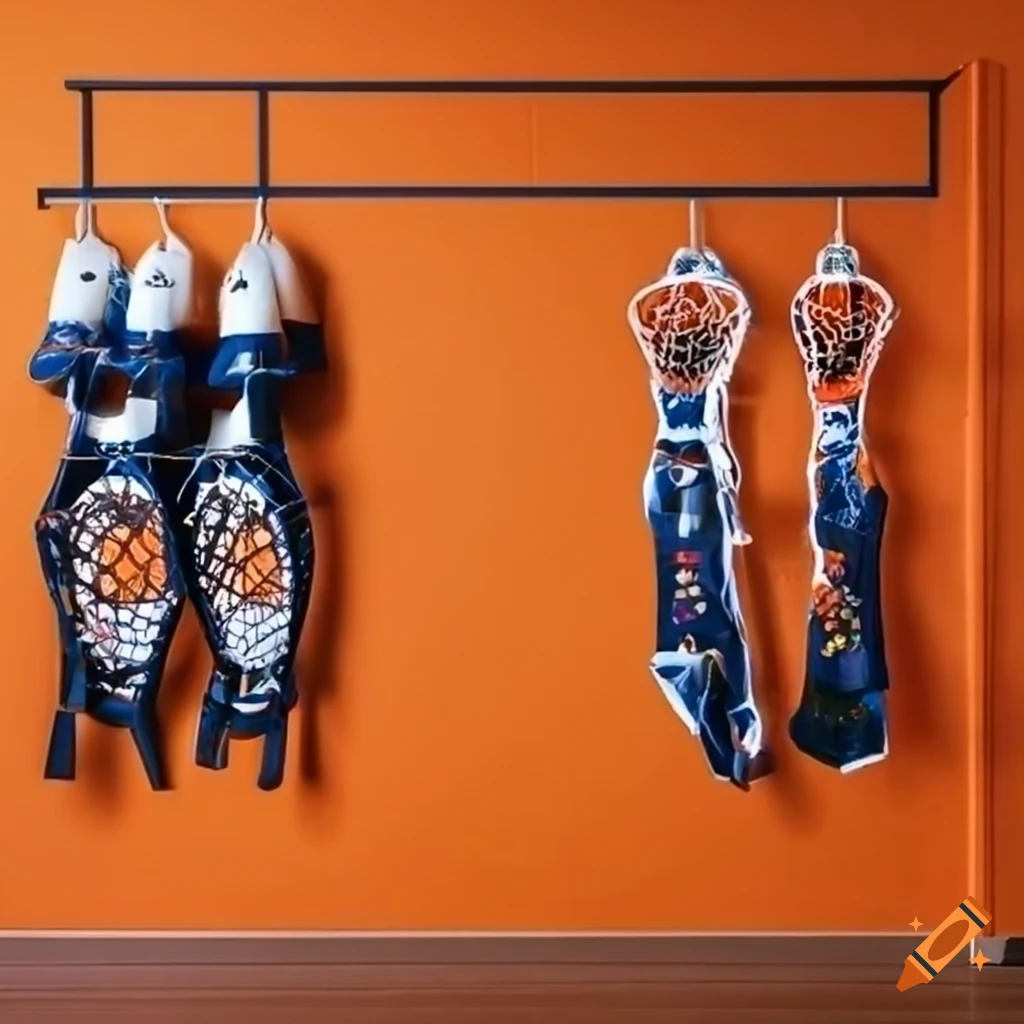 Vibrant orange themed room with lacrosse memorabilia and equipment