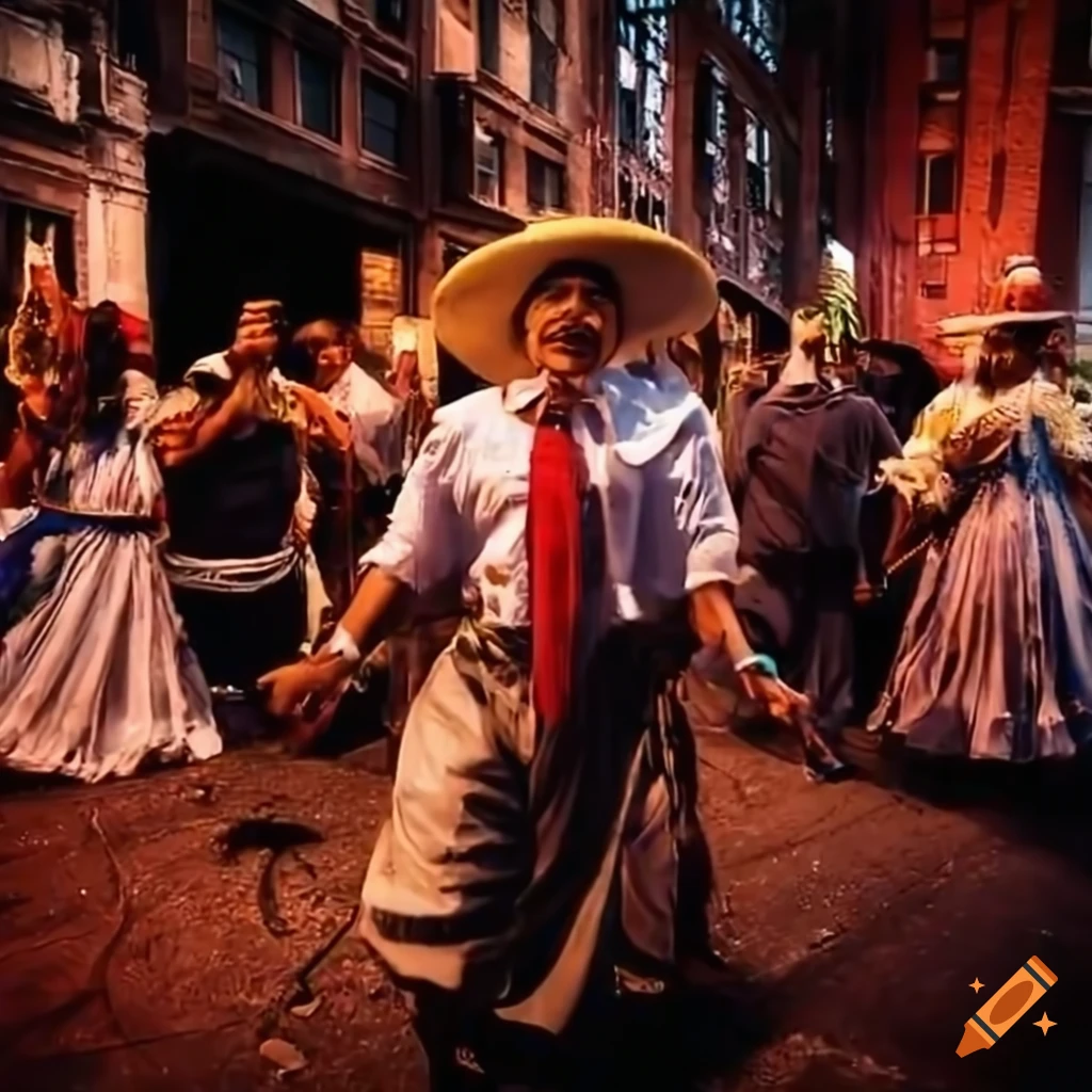 Puerto Rican community rooftop gathering in New York City under the stars with folk dancers in traditional costumes