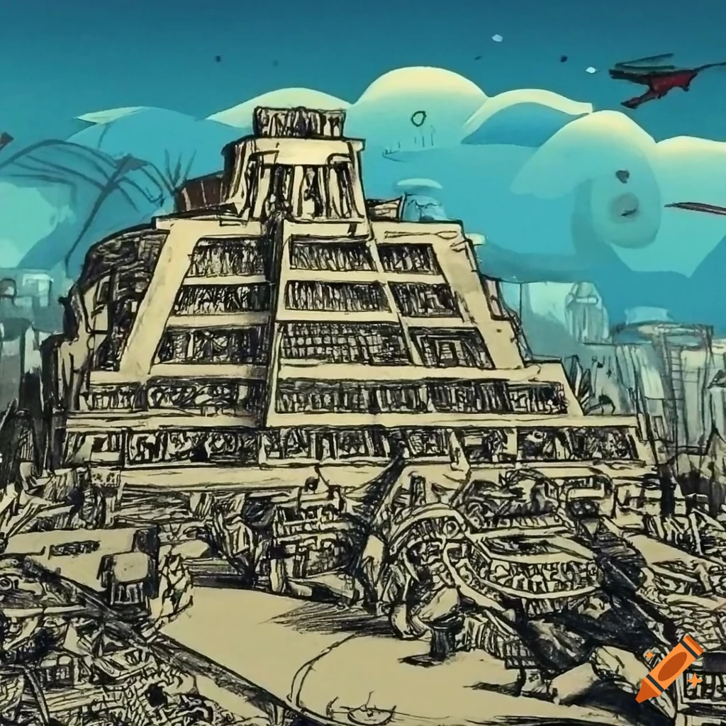 Pencil sketch of Aztec city of Tenochtitlan with little warriors