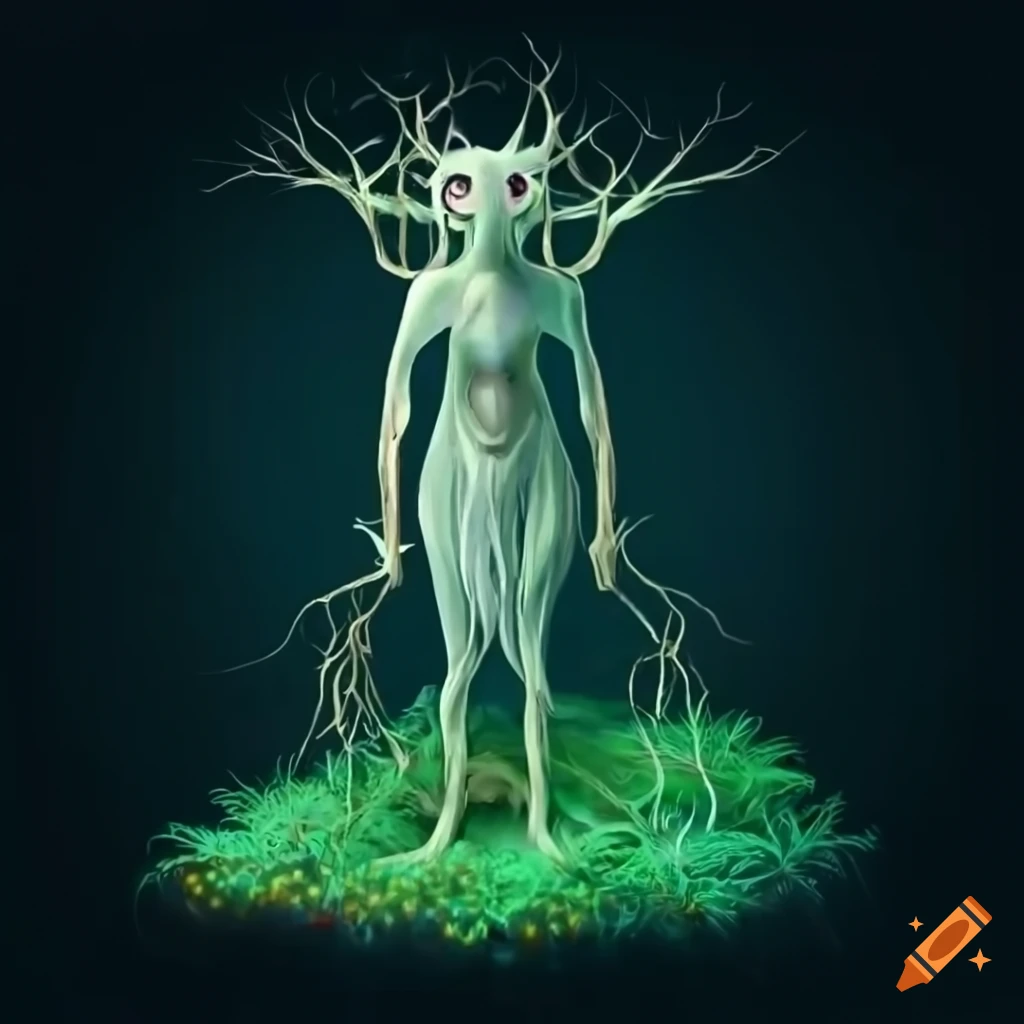 The Warden of the woods, a humanoid spirit-tree being surrounded by colorful flowers