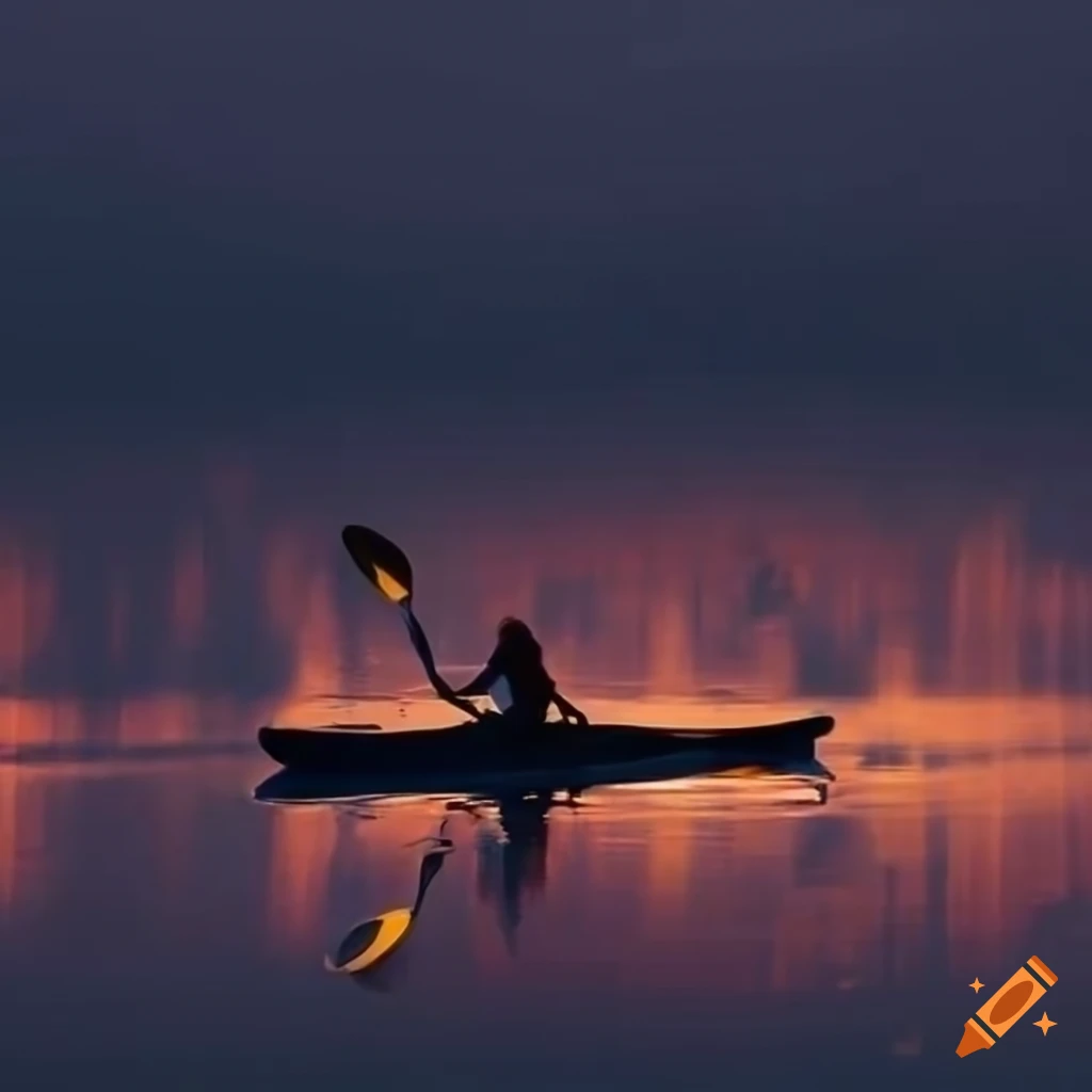 Melancholic hippy girl paddling a kayak in calm waters at twilight