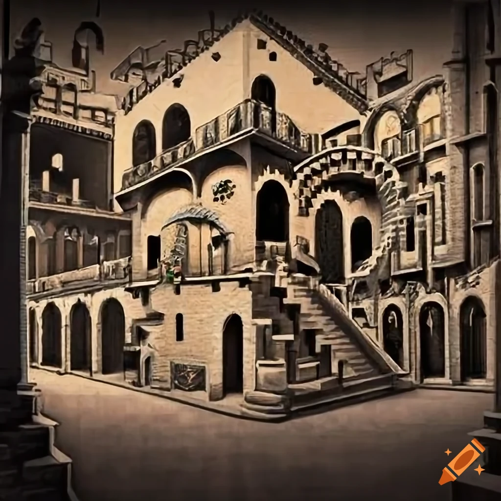 M.C. Escher-style Mediterranean city with paradoxical architecture