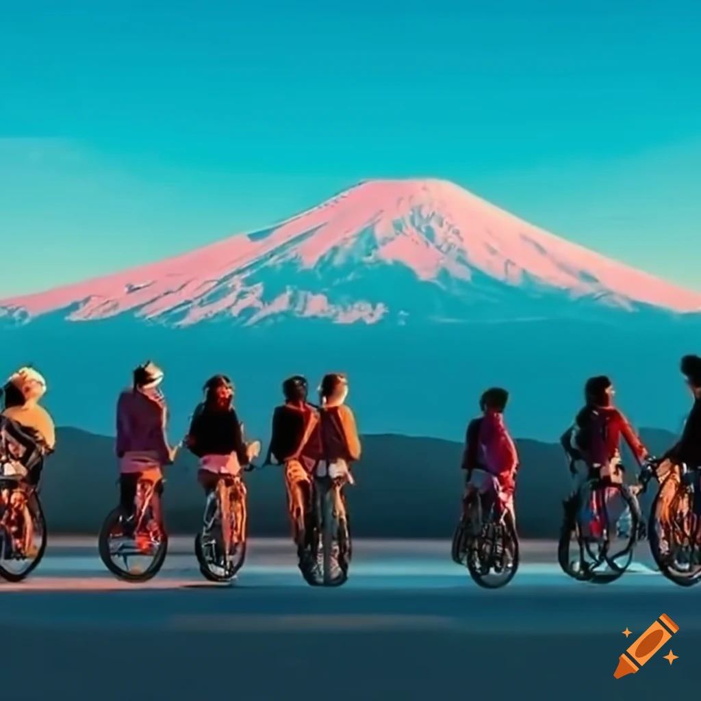 Group of adults biking with Mt Fuji in the background