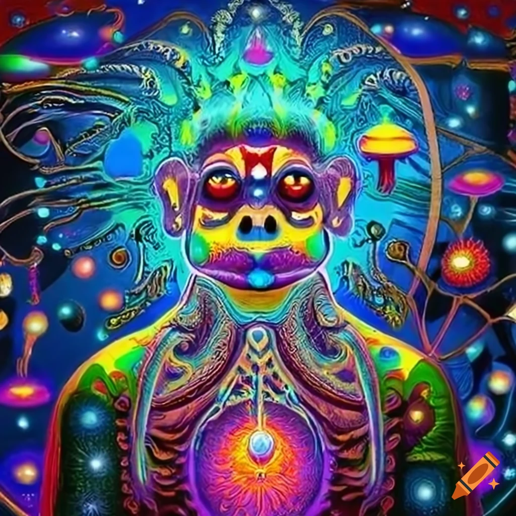 Cosmic ape with psychedelic mushrooms inspired by Hindu Vanara symbolism