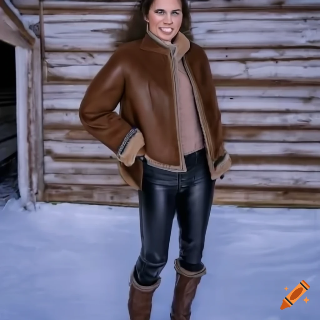 Young woman in a sheepskin bomber jacket and black leather trousers standing in a barn doorway