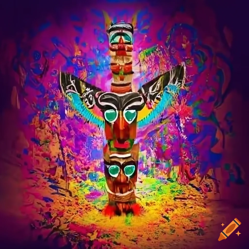 Indians dancing around a totem pole in a colorful clearing