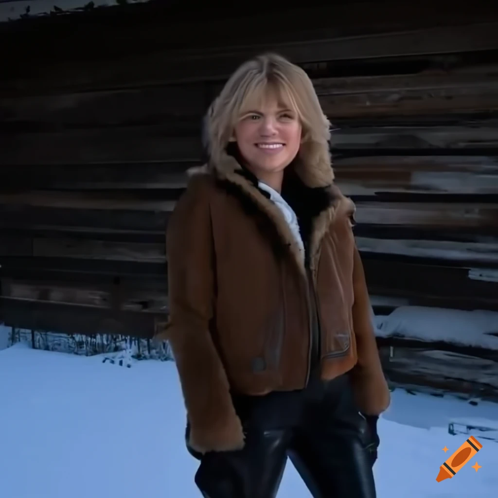 Young woman in brown sheepskin bomber jacket and black leather trousers standing in barn doorway