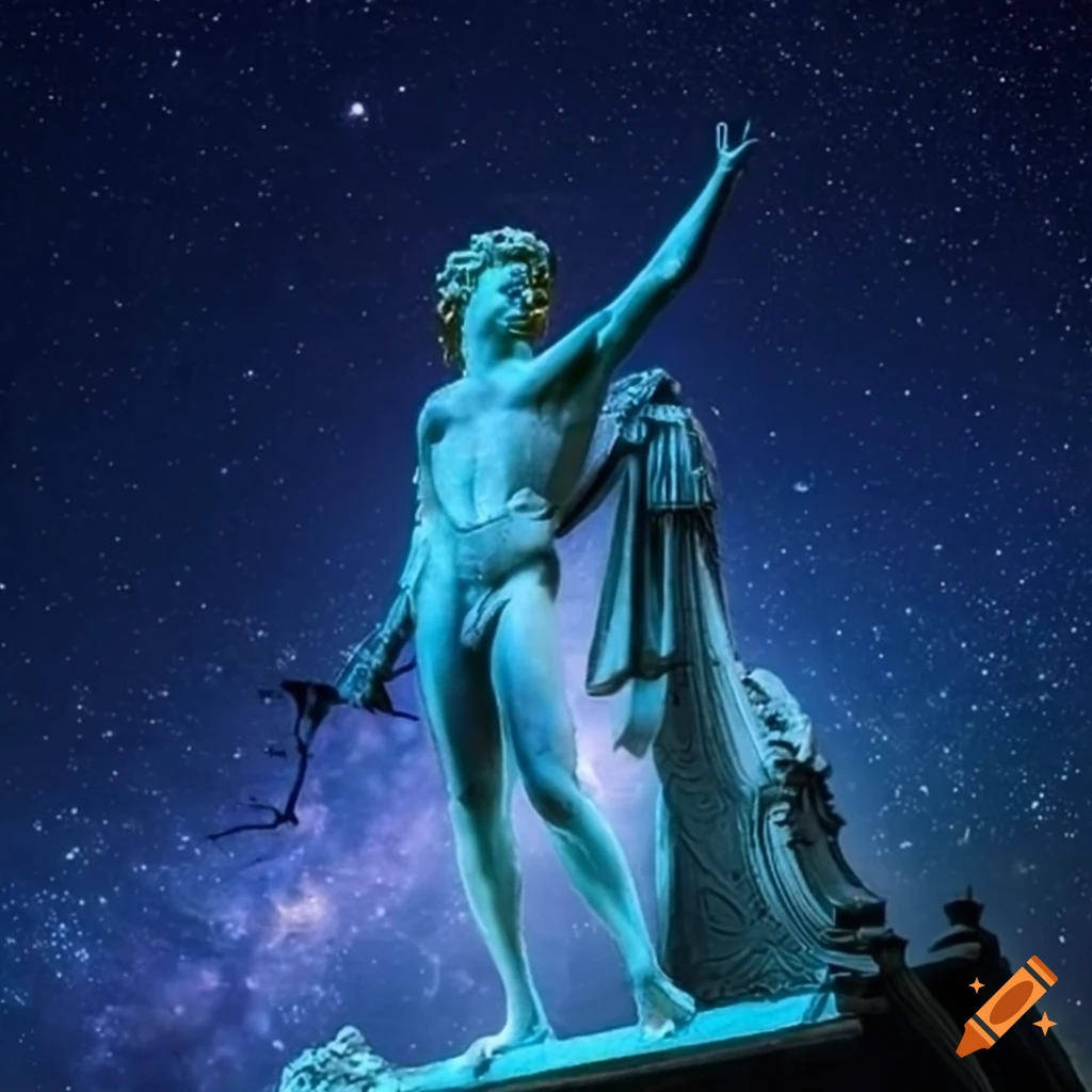Apollo gazing at the night sky in front of his temple