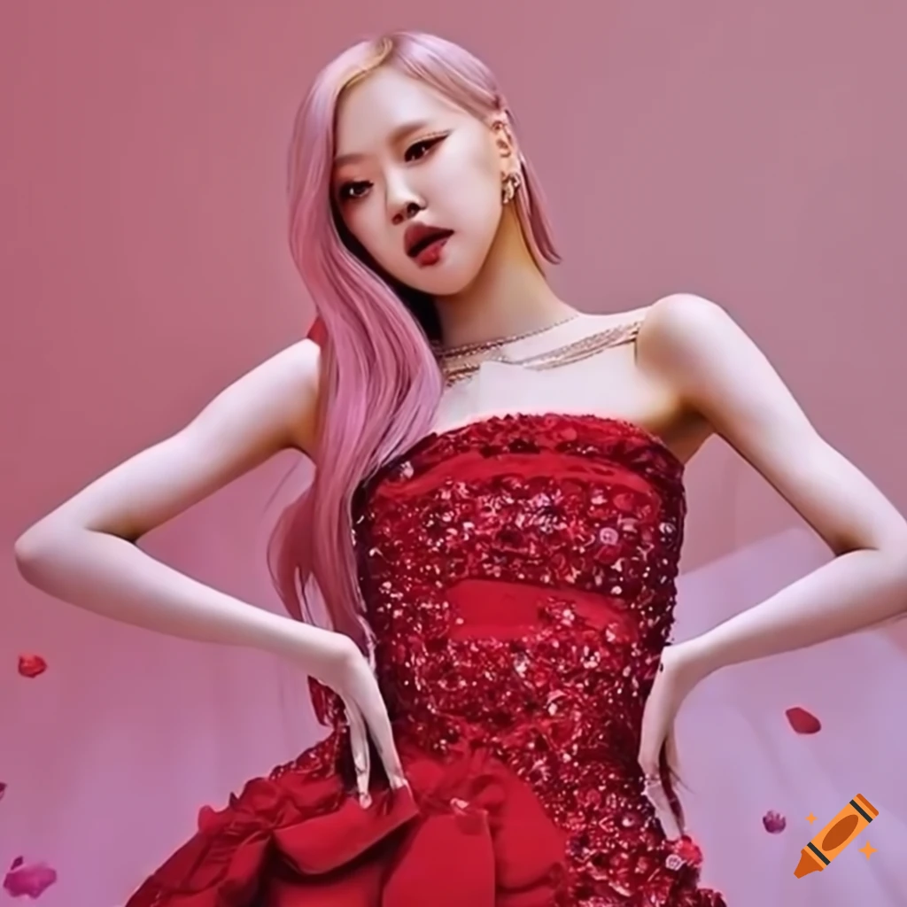 Blackpink Ros in MET Gala Orchid & Ruby Red theme outfit on Craiyon