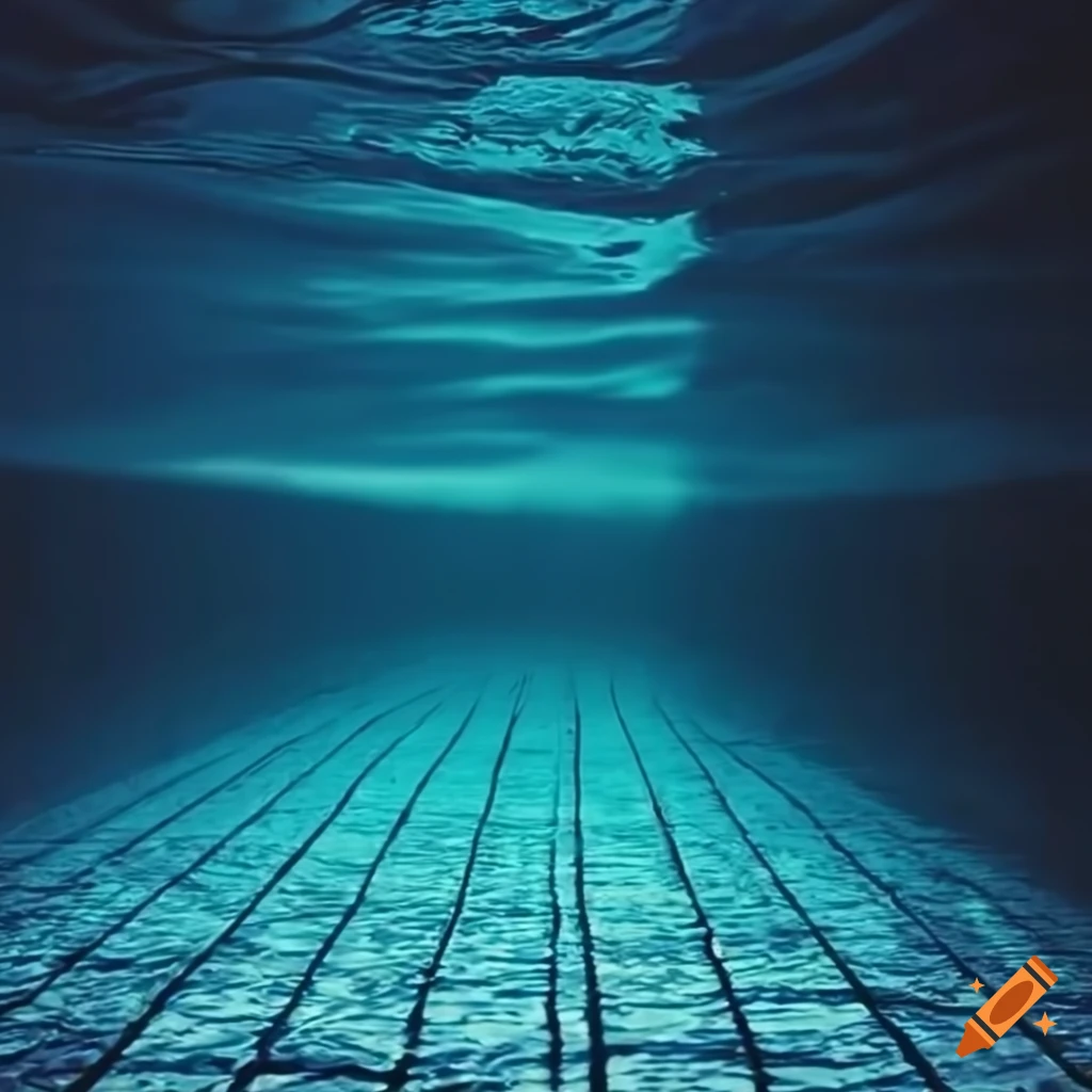 Empty and scary swimming pool with dark blue water