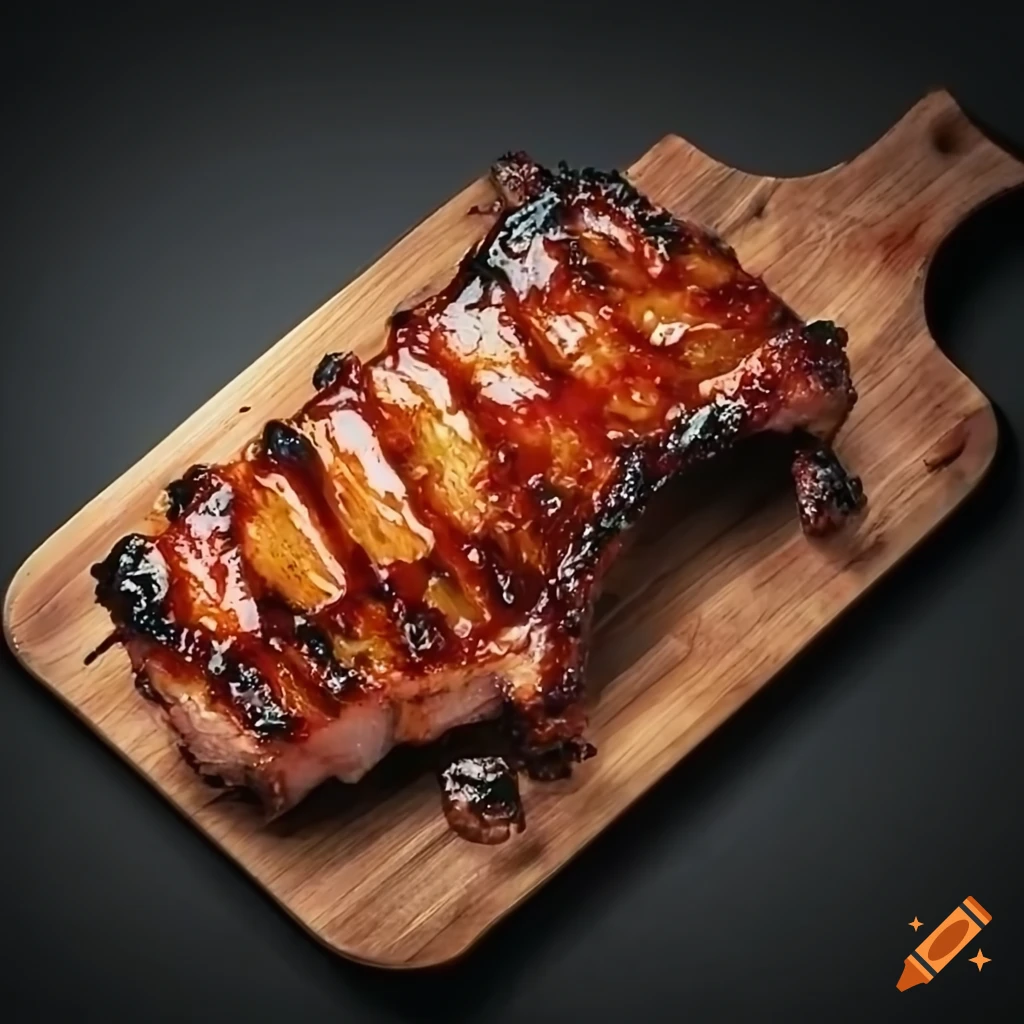 Grilled pork ribs with barbecue sauce, tomatoes, and salad on a wooden board