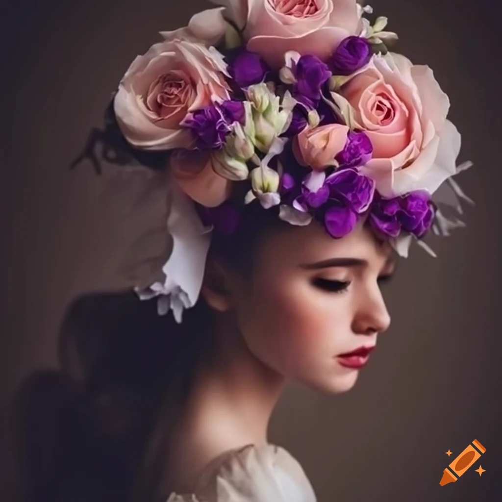 Crown of pink peonies, white anemones, and purple lisianthus on the head of a beautiful woman