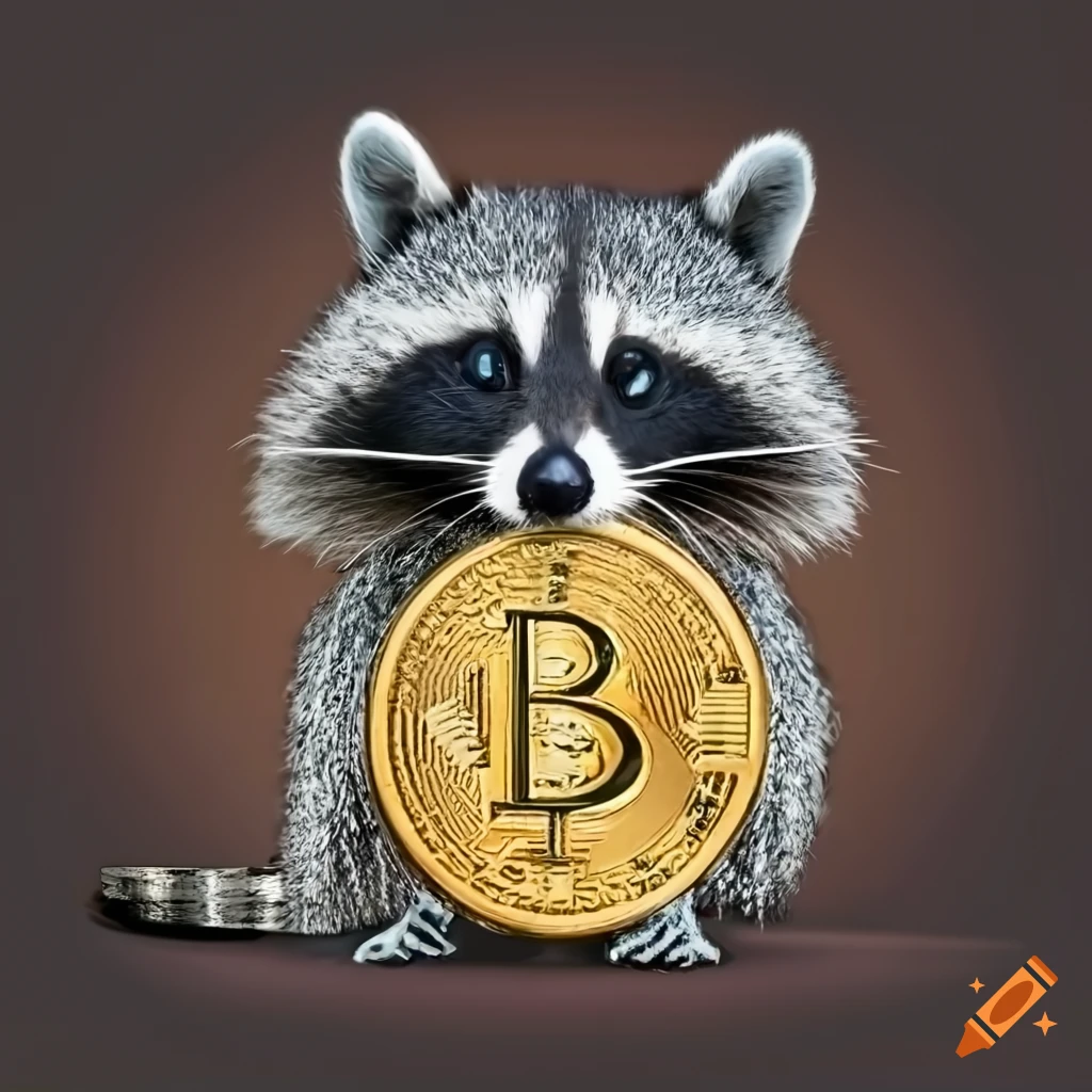 Cute raccoon holding a bitcoin gold coin with the letter B