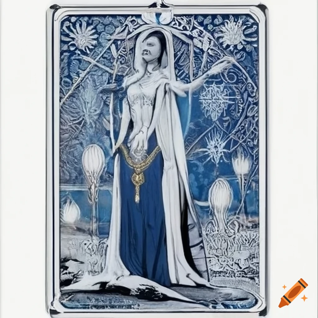 The High Priestess tarot card in blue, white, silver colors