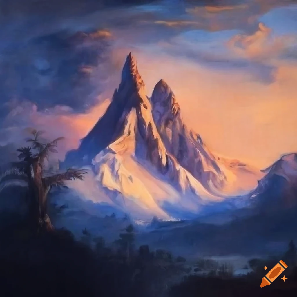 Majestic high mountain peak rising into the sky with winds in a rococo ...