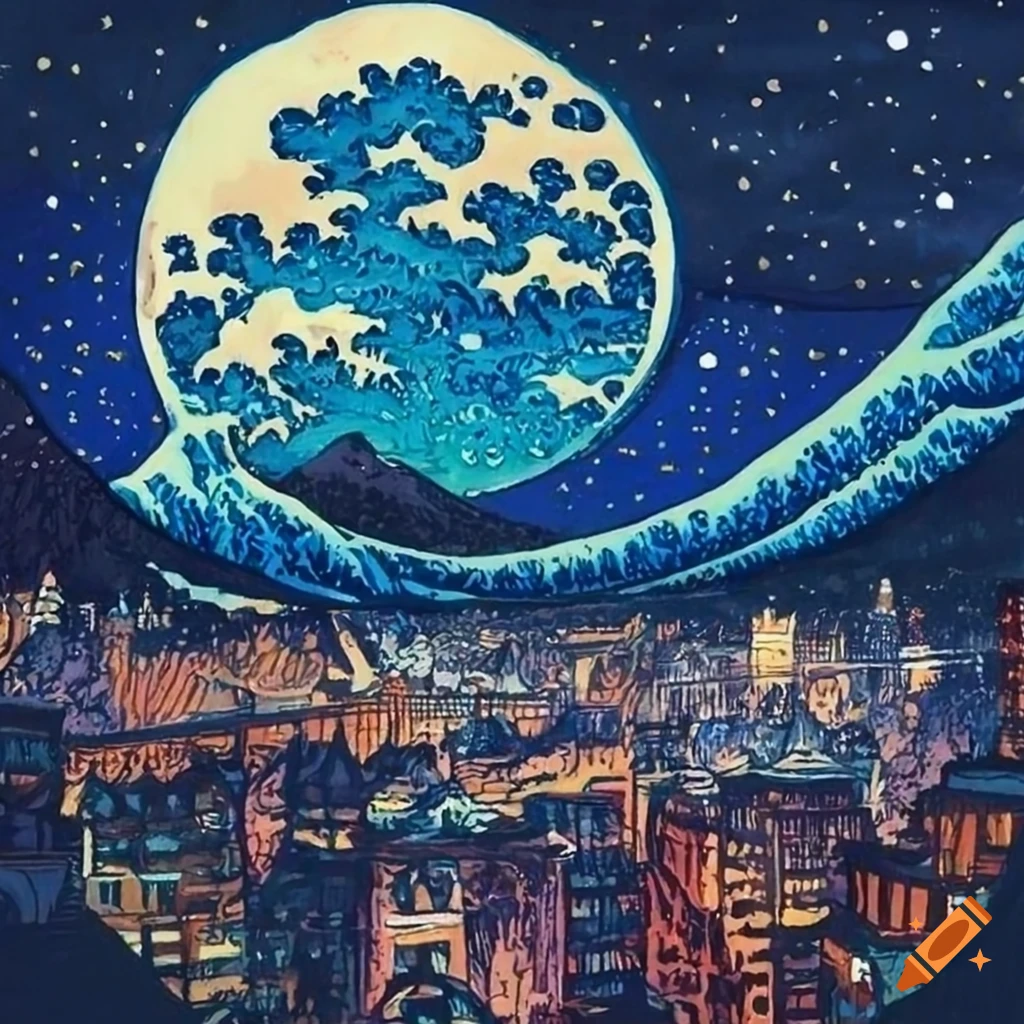 Asian cityscape at night with a cat in the sky in Hokusai painting style