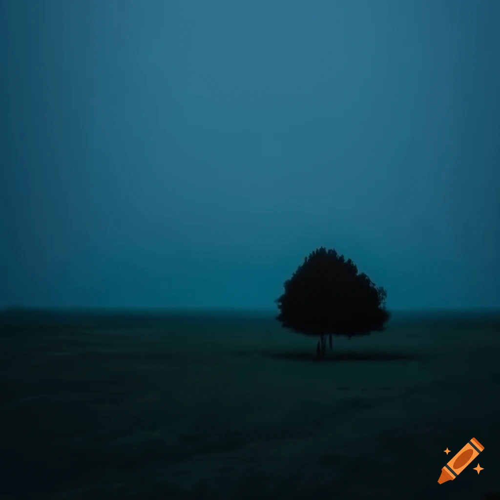 Gloomy rainy plains with a single tree in a blue hue