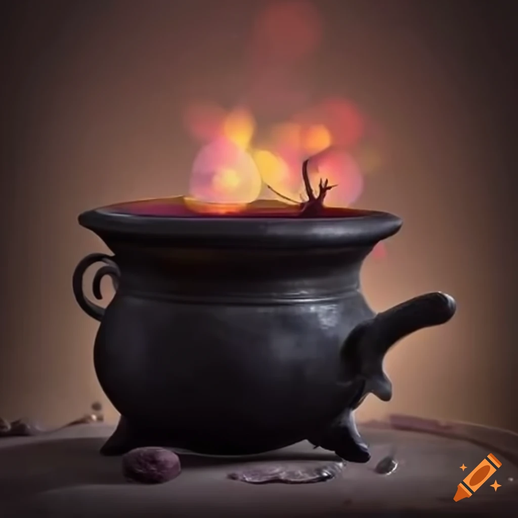 Herbal tea in a witch's cauldron with a mysterious steaming liquid