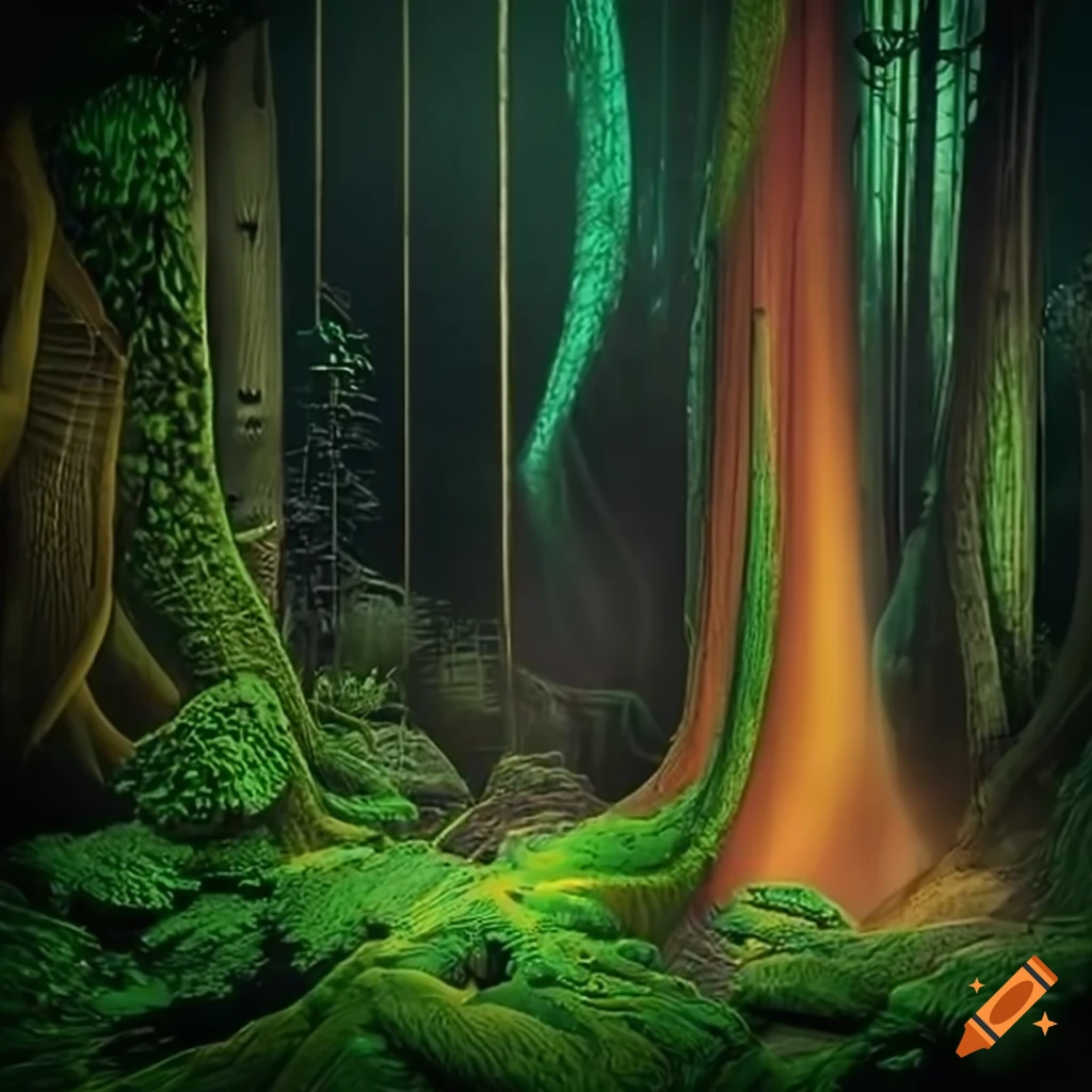 Lush Biopunk forest biomechanical wonderland teeming with life