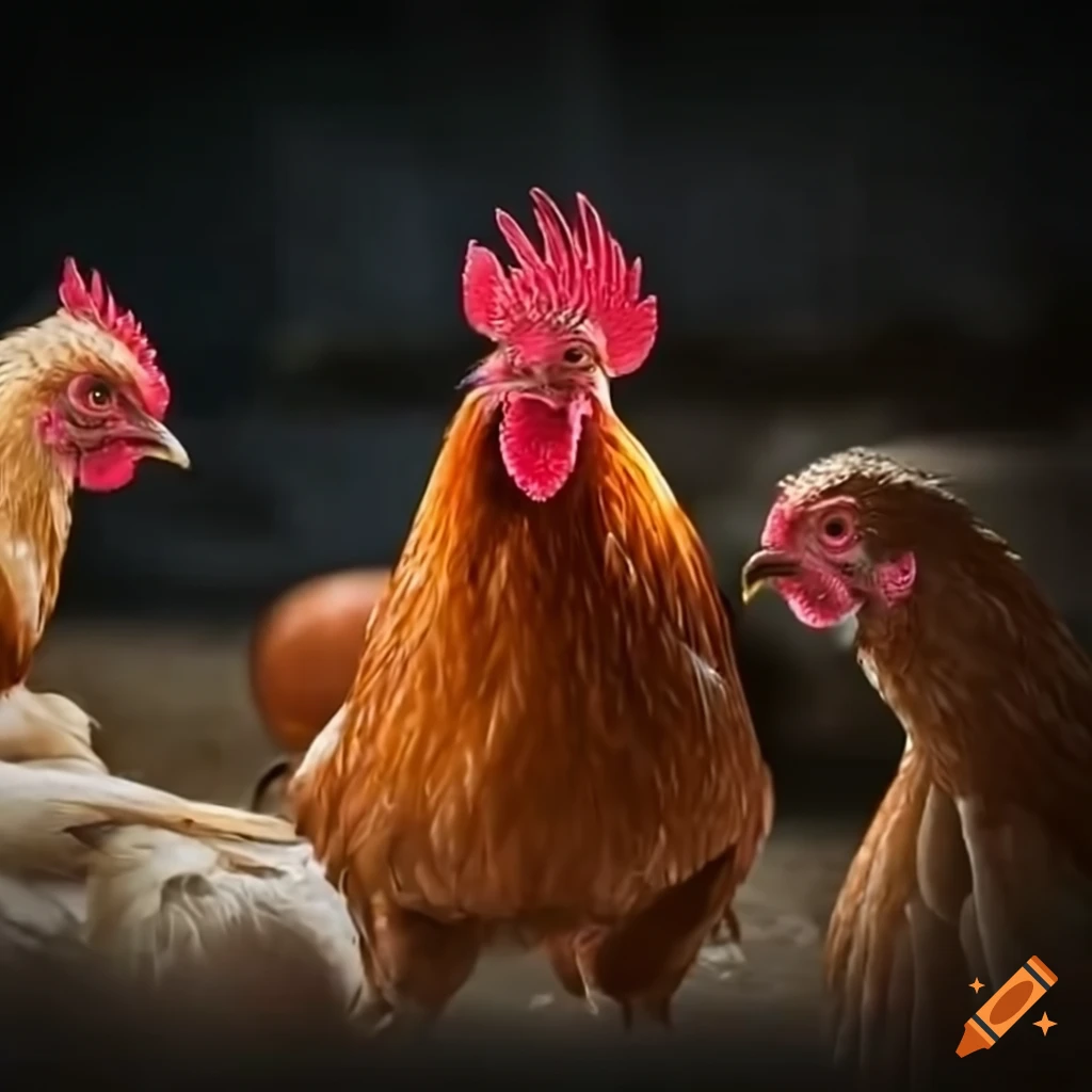 Group of hens and roosters gathered near an egg in a poultry farm