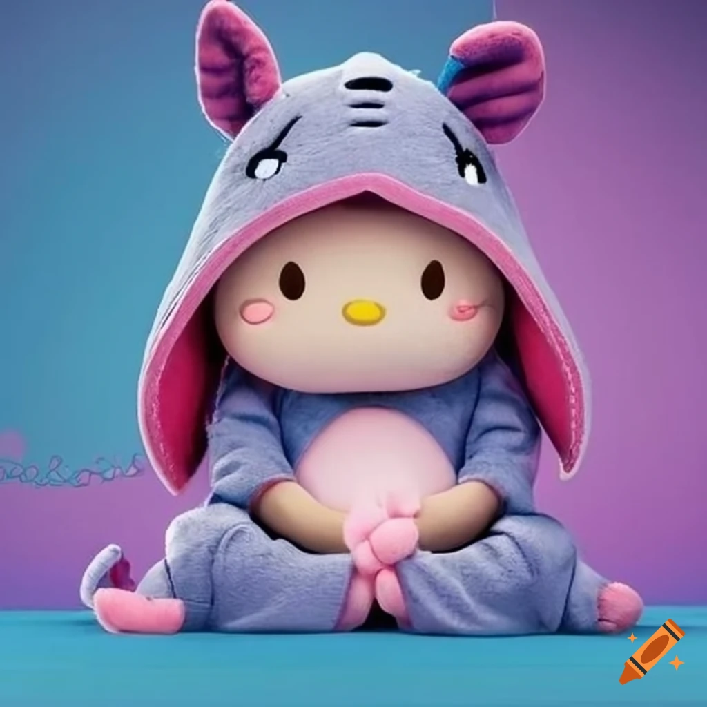 Hello Kitty in an Eeyore onesie ready for bed