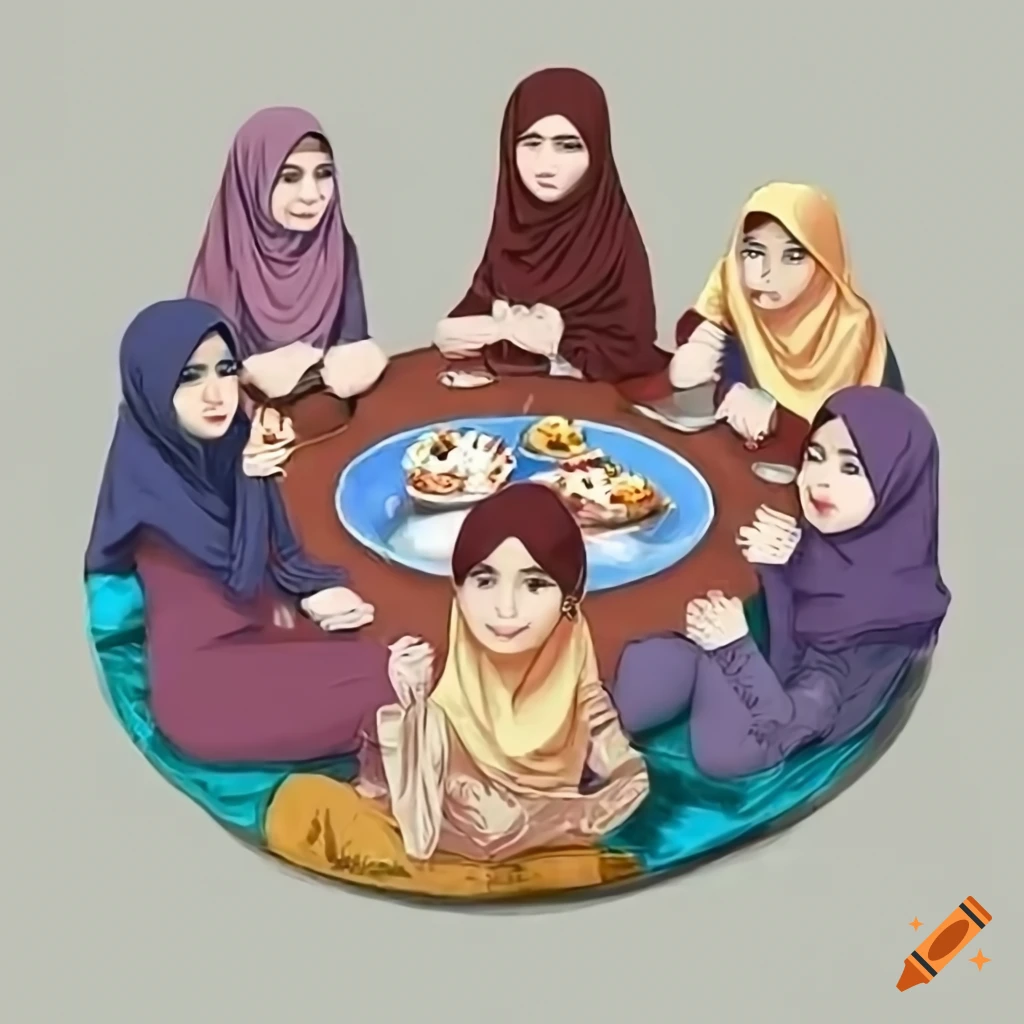 Girls wearing hijab sitting by the river, chatting and laughing