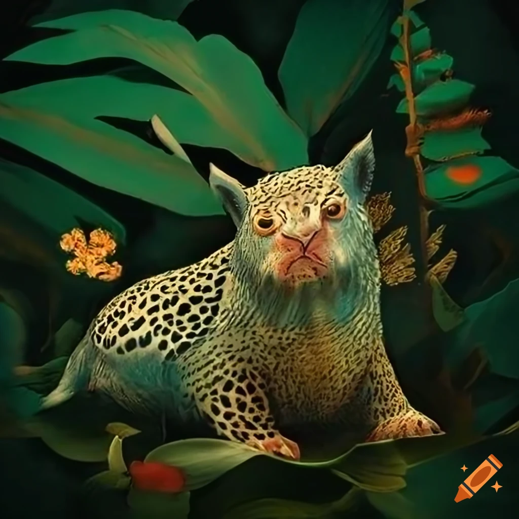 Exotic flora and fauna with Salish animal motifs in fine art illustration