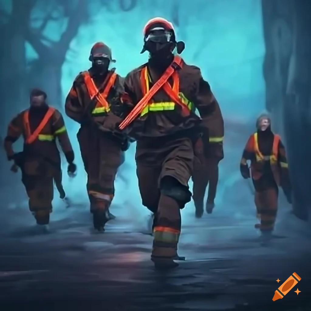 Team of mysterious and tall emergency rescuers with glowing first-aid symbols running
