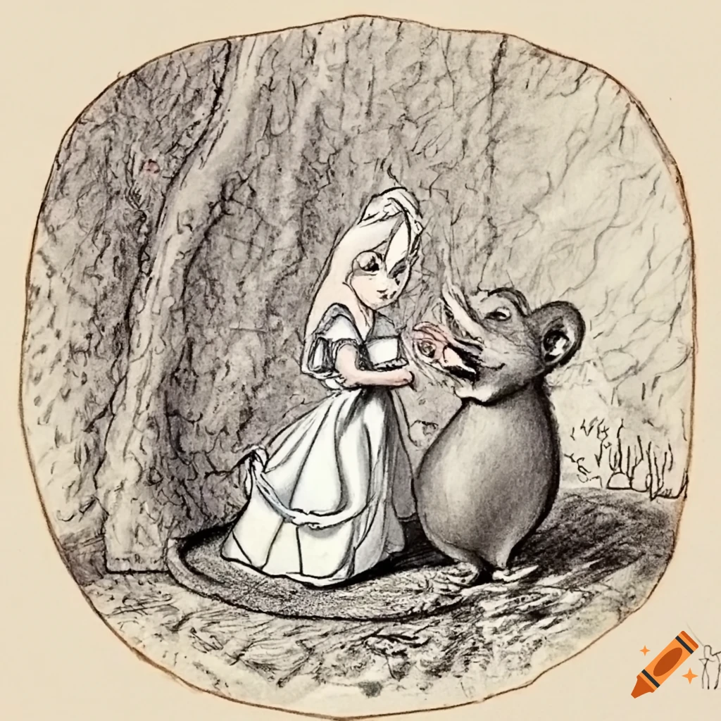Alice in Wonderland with the mouse in a whimsical setting