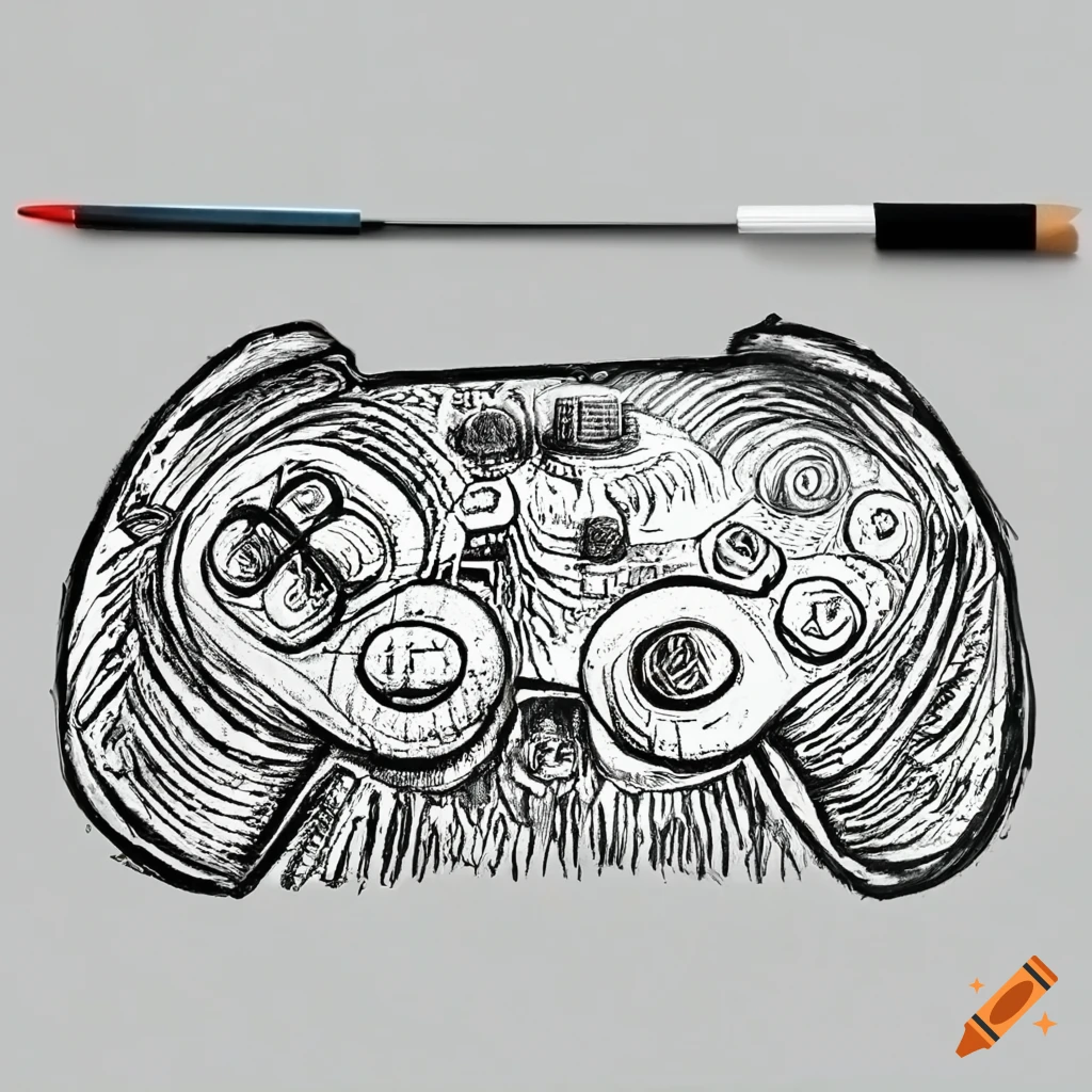 Video game controllers in a woodcut style