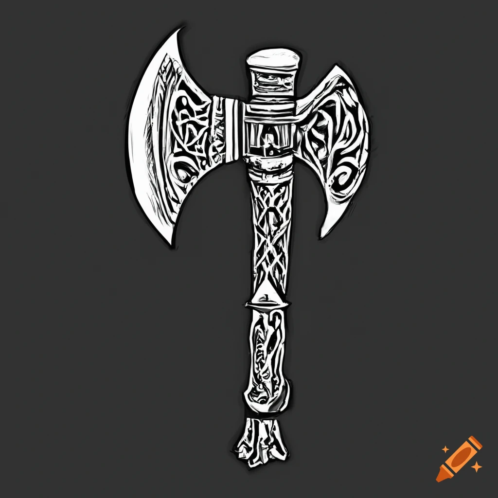 High quality black and white line art of a Dwarven great-axe on a black background
